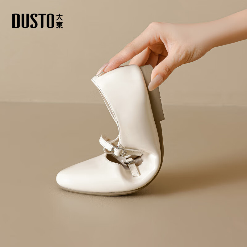 大东（dusto）玛丽珍女鞋2025年春季法式优雅气质百搭皮鞋低跟单鞋0775 米色 35