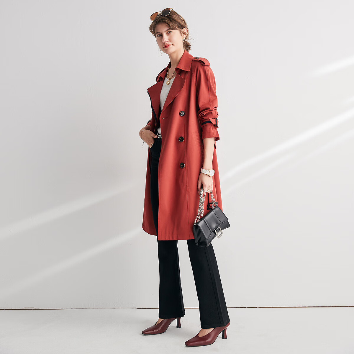 帕罗风衣女秋季新款简约双排扣撞色拼接休闲百搭外套肩章长外衣 枫叶红 常规 XL 170/92A