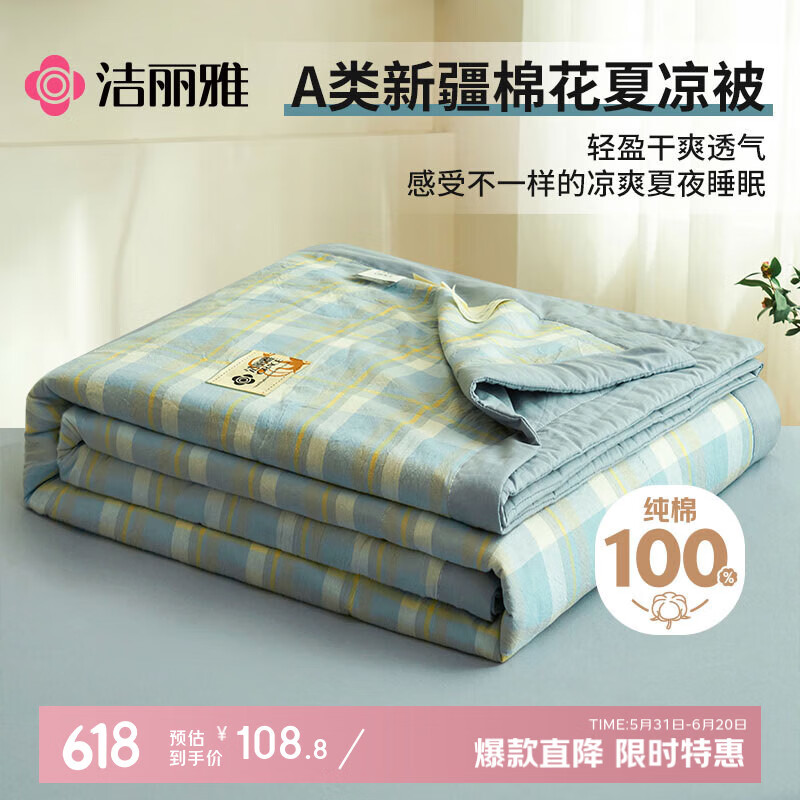 洁丽雅（Grace）【里外全棉】A类100%新疆棉花被子 夏凉空调被薄被芯150*200cm