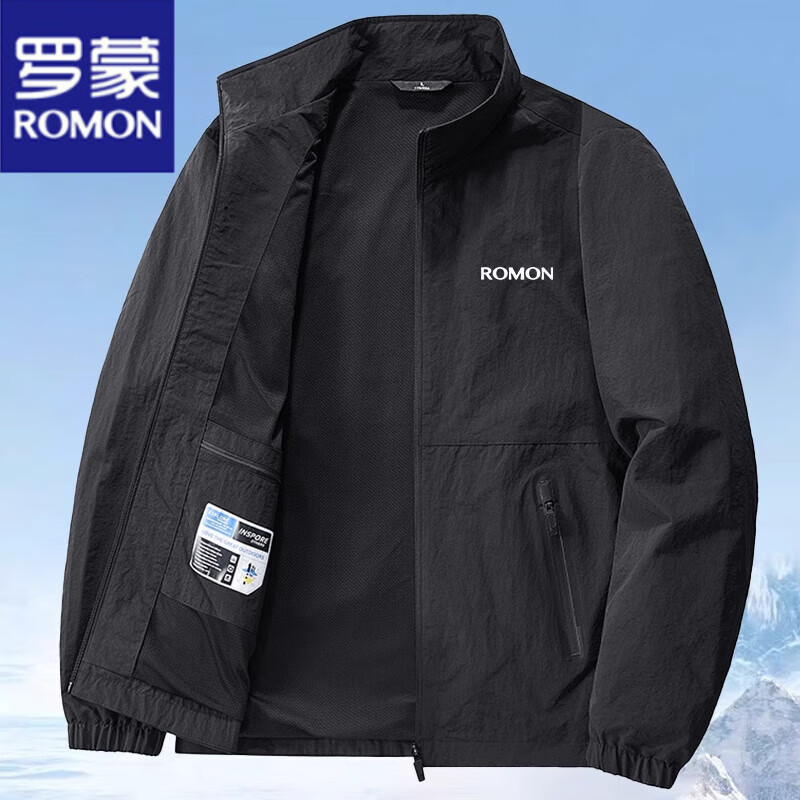 罗蒙（ROMON）立领夹克男商务休闲外套男士春秋款户外风衣防风防水宽松夹克衫潮 B3-31 2502 黑色春秋公版 LMD M