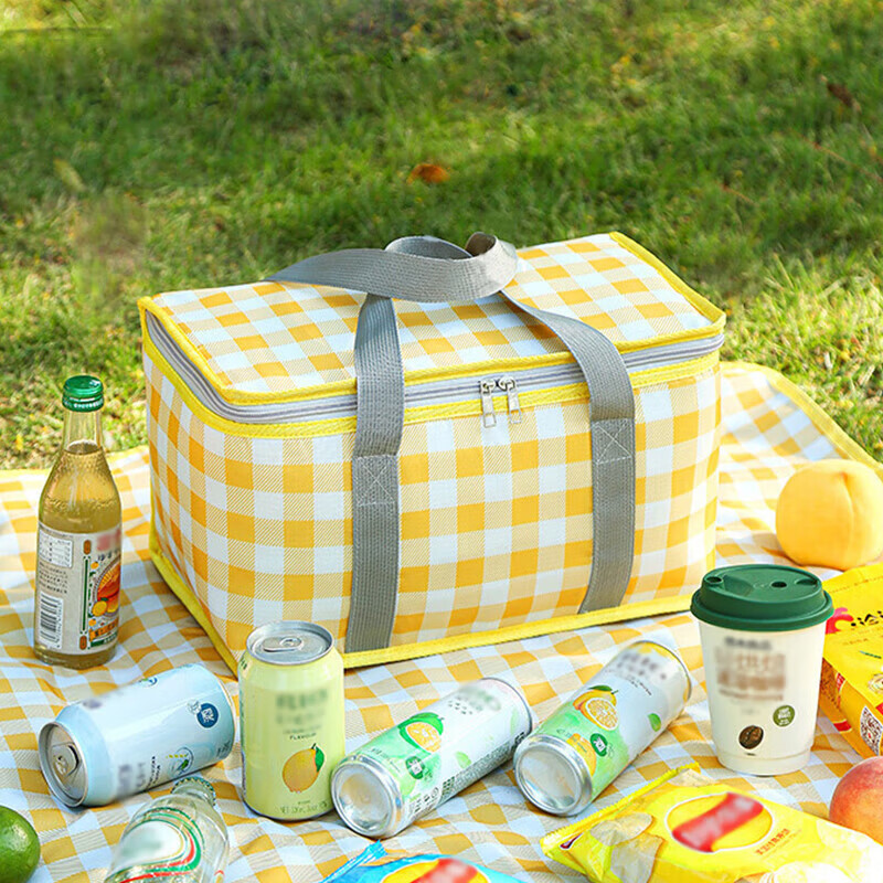 山头林村【甄选厂家】 野餐包 户外大容量保温可折叠露营野餐篮冷热两用便 【大号黄白格】 【20*19*33cm】 京东折扣/优惠券