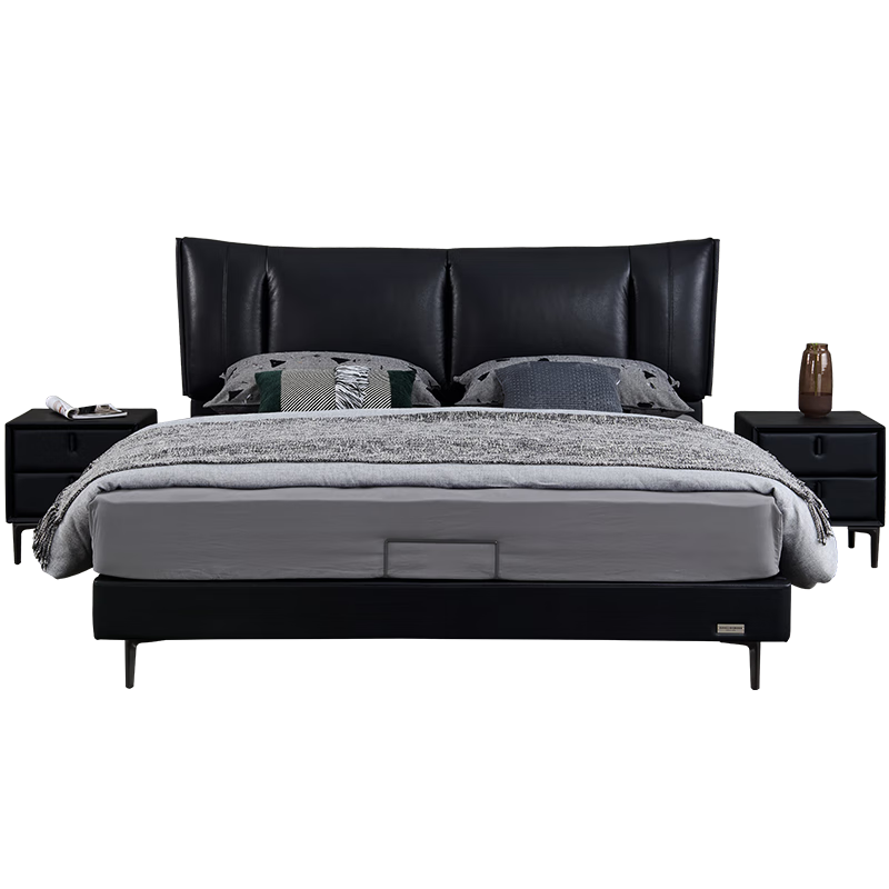 雙虎意式輕奢頭層牛皮真皮床雙人主臥小戶型帶抽屜儲(chǔ)物高箱床28RC311 右抽屜床+舒夢(mèng)床墊+309床頭柜*2 1.5*2米【真皮-C色鋼琴黑】