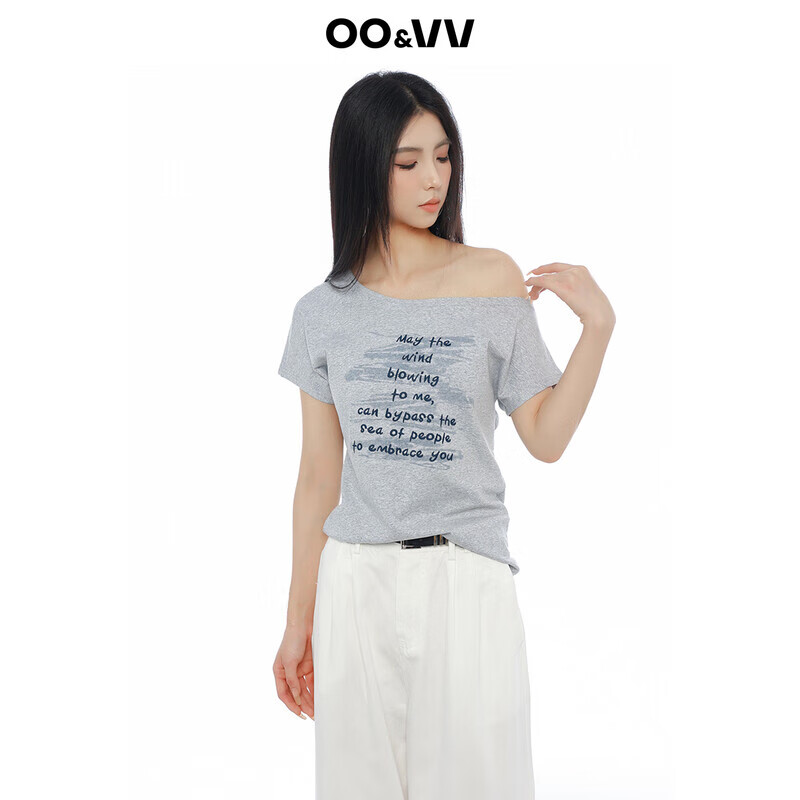 OO&VV灰色一字肩短袖T恤女2025夏新宽松休闲设计感纯色百搭上衣 莫奈灰 S