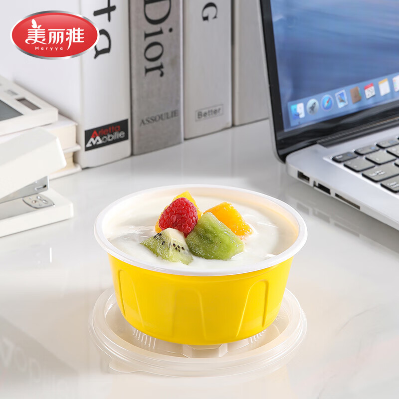 美丽雅一次性饭盒食品级餐盒带盖 快餐外卖打包厚彩餐盒碗 【圆形带盖】500ml* 30只