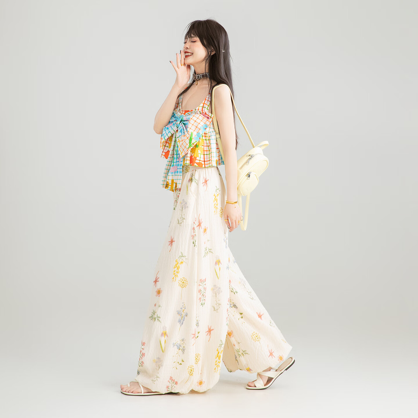 凱莉歐KEIKO 肌理感碎花縐布闊腿褲女夏季梨型休閑寬松花苞裙褲燈籠長(zhǎng)褲 杏色 * XL