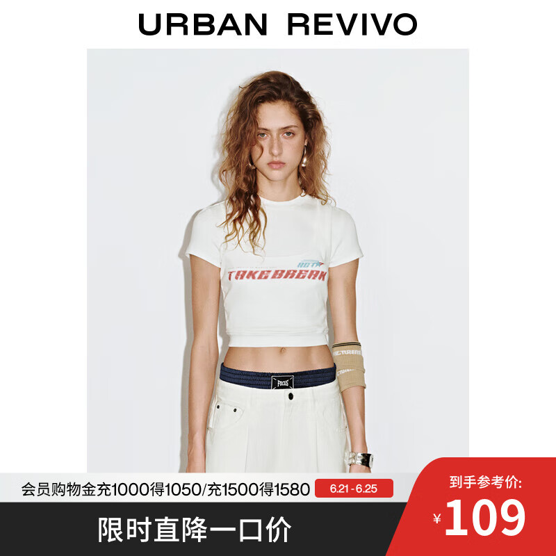 UR2025夏季新款女装假两件撞色字母印花短袖T恤UYV450067 本白 L