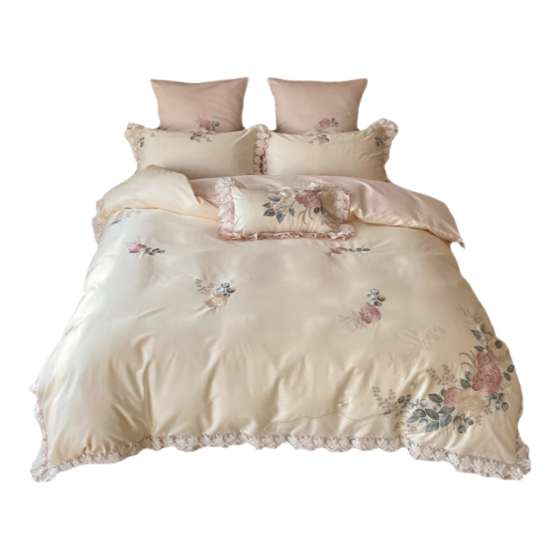 柚言美式100支長絨棉四件套純棉貢緞少女被套荷葉邊粉色花卉刺繡床品 赫莎-白【同款】 1.5/1.8米床 床單款 （被套200*230cm）