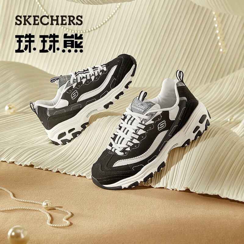 斯凯奇(Skechers)珠珠熊老爹鞋女士运动鞋子厚底增高经典149463 黑色/白色/BKW 37 正常码,脚背宽高选大半码