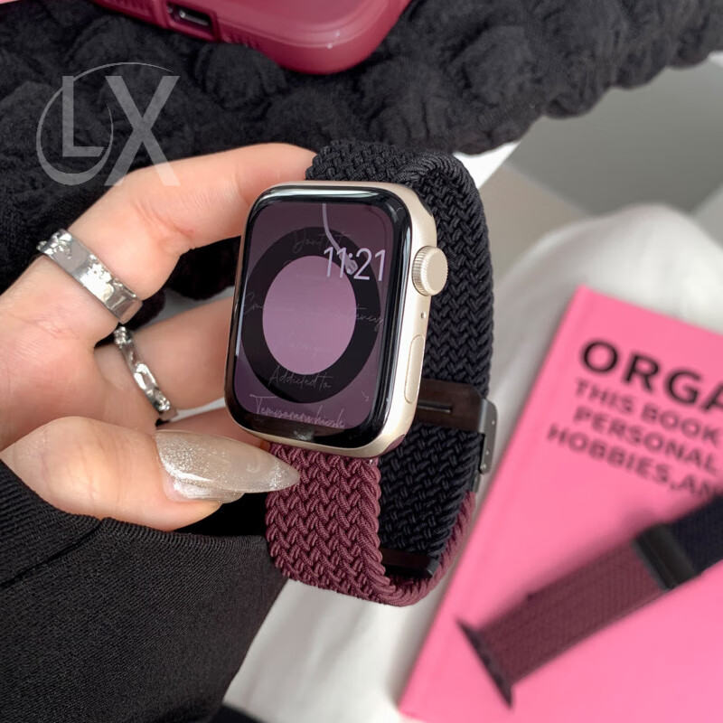 适用S11苹果手表表带尼龙编织简约拼色s10运动腕带applewatch678磁吸扣iwatchs9透气SE情侣Ultra2 编织黑扣黑配绛樱桃紫 适用s10/s11通用 42mm