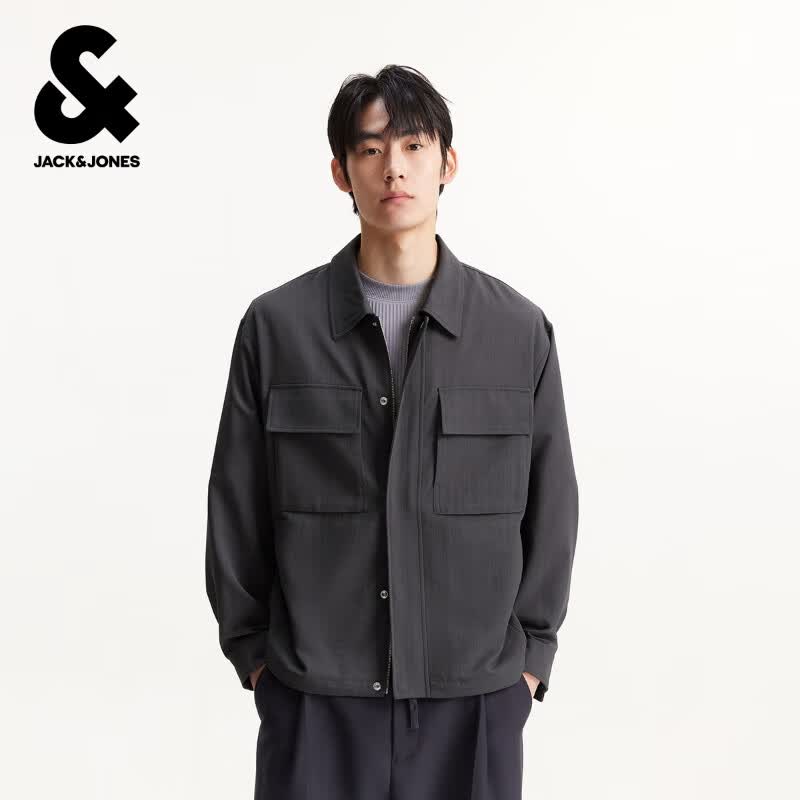 杰克·琼斯（JACK&amp;JONES）男装春季夹克新款略宽松衬衫领纯色款长袖外套225321084 E02灰色 L （180）