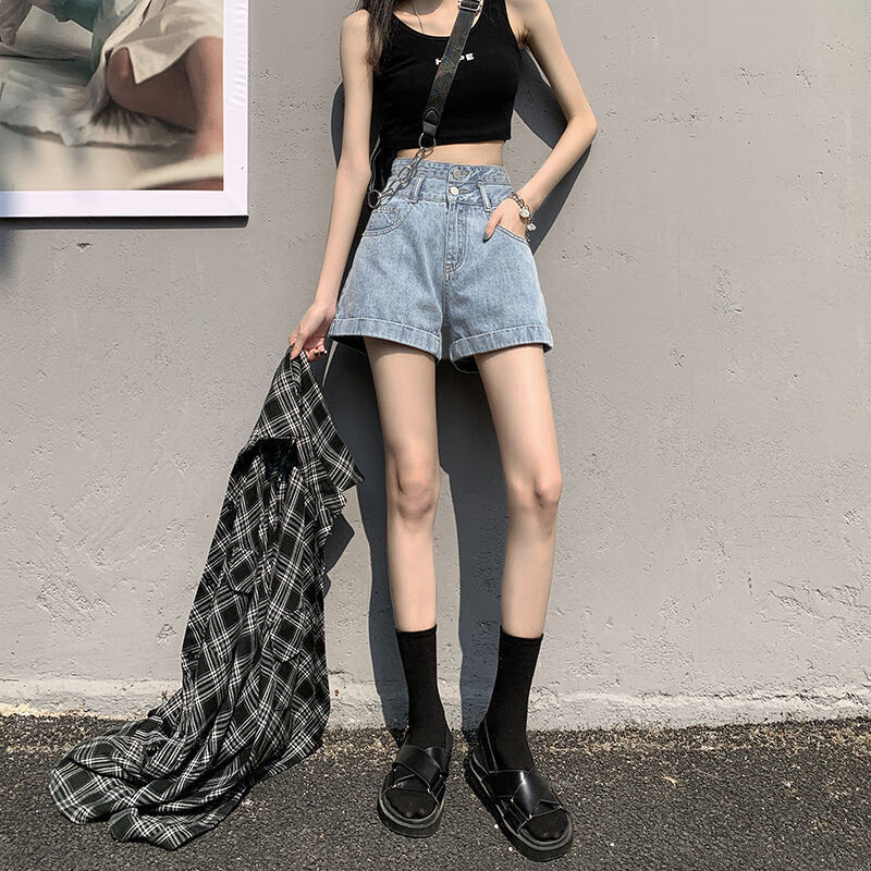 WAMLBN牛仔短裤女高腰显瘦2025年夏季新款宽松阔腿a字裤卷边热裤ins 浅蓝 299 S
