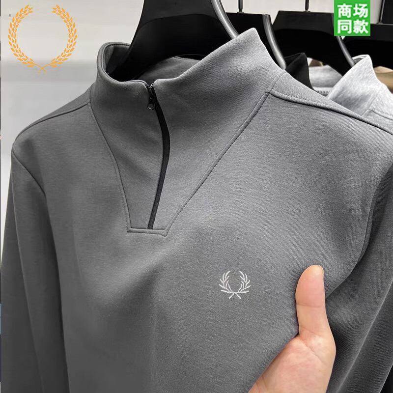 Fred Perry奥莱折扣麦穗男装长袖T恤秋季新款中年时尚休闲拉链领体恤衫 深灰/刺绣胸标 XL 建议110-130斤