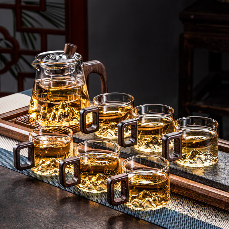 胖东来同款德国进口品质观山玻璃茶具套装茶壶盘耐热泡茶壶公道杯 茶盘套透明木柄观山壶+公 9件