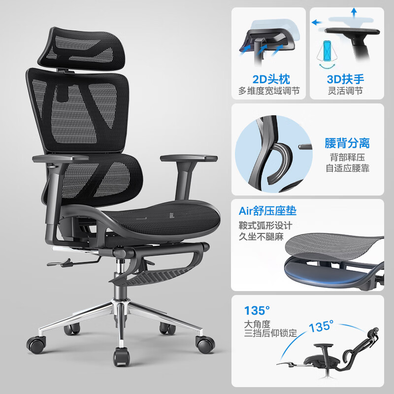 永藝沃克Pro撐腰電競椅家用辦公轉椅 黑色帶擱腳--3D扶手 鋼制腳_ 升降扶手