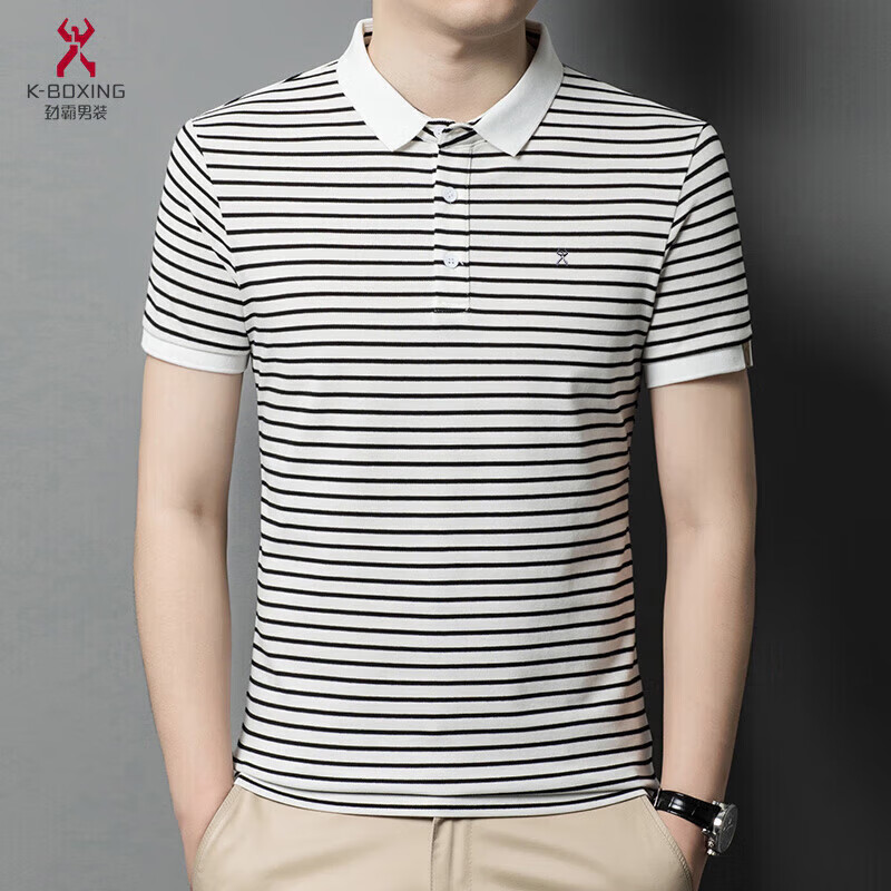 KBXNG劲霸官方旗舰高端纯棉短袖男t恤夏季新款拼色条纹中年休闲翻领T 绿色 3XL 190/100A 建议195-210斤