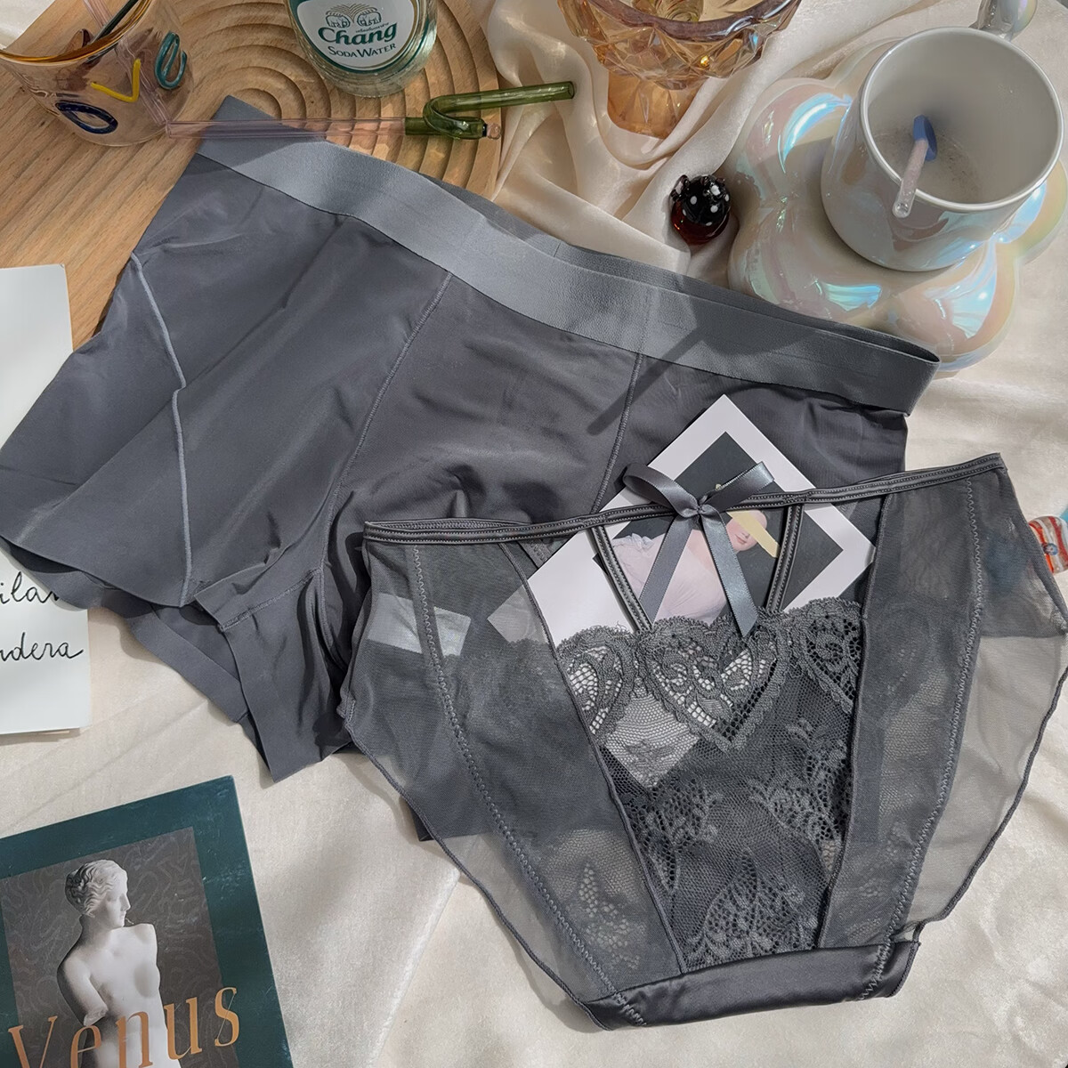 羅亨士情侣内裤冰丝薄款透气透明性感镂空网纱蕾丝无痕一男一女底裤衩 神秘黑诱惑 2条 L 男+女M码