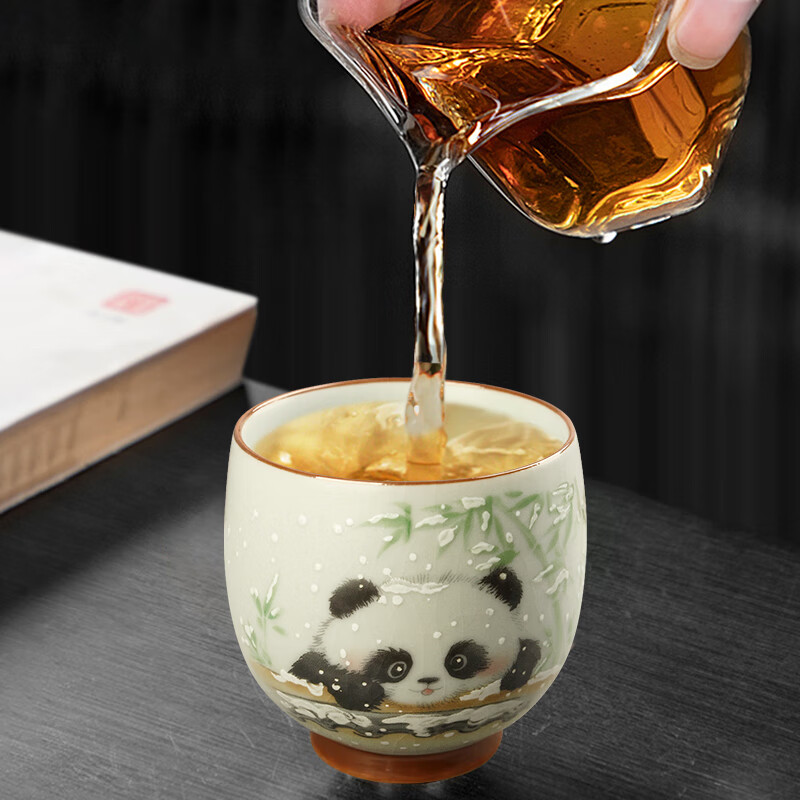 陶立方开片汝窑猫咪对杯品茗杯陶瓷杯主人杯家用对盏套装功夫茶具茶盏 腰鼓杯-熊猫+雪人猫