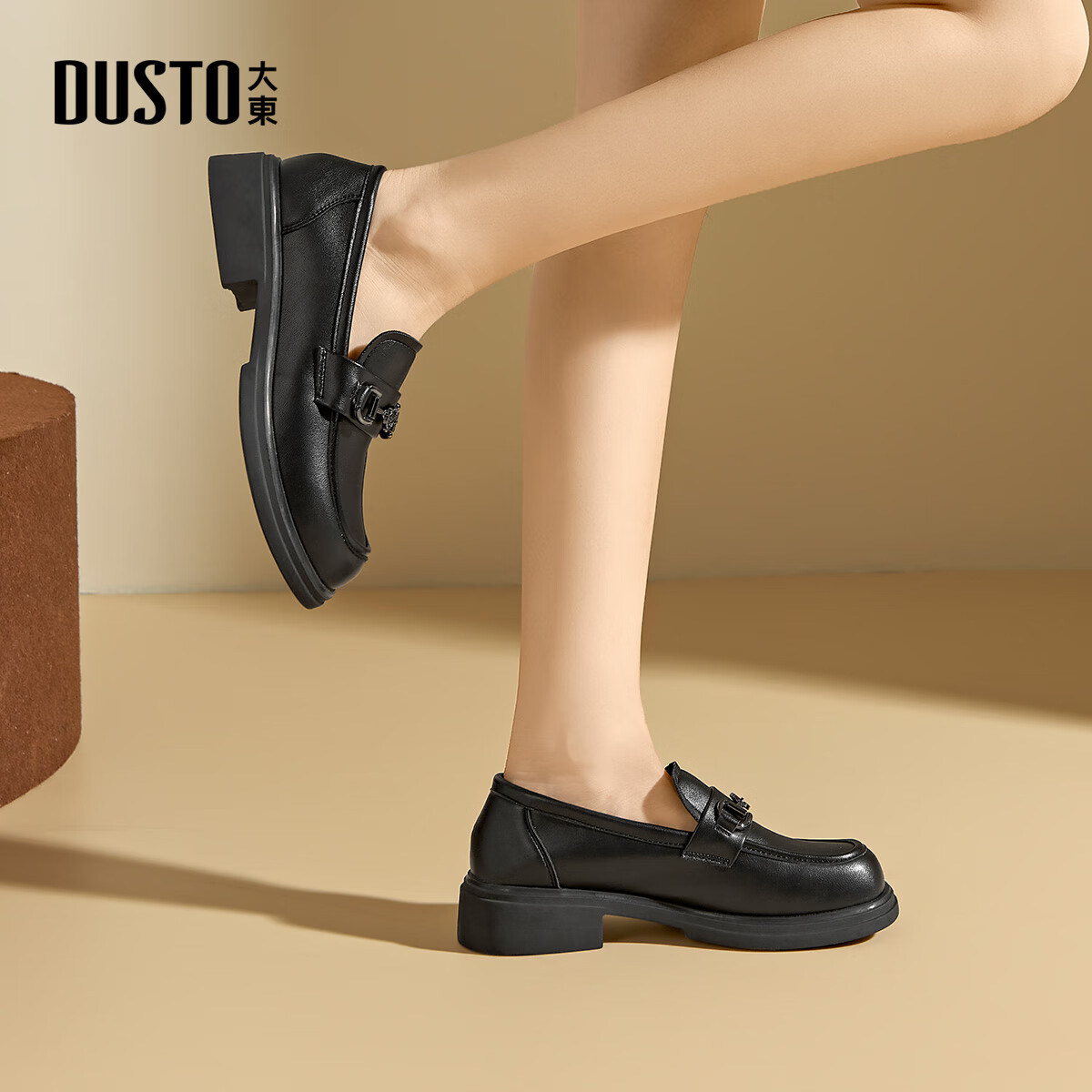 大东乐福鞋女鞋2025年秋季新款休闲金属竹节装饰方头粗跟1715 黑色 35