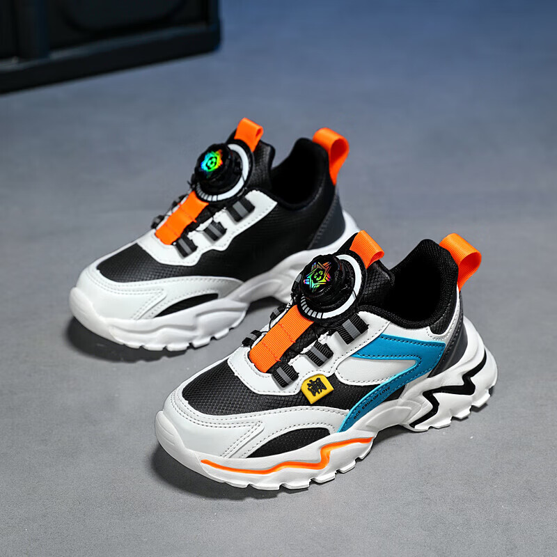 贝天熊童鞋儿童运动鞋秋冬款男童网面透气跑步鞋女革面旋钮扣学生鞋 K398黑桔【秋冬革面】 36 内长22.6/脚21.6 京东折扣/优惠券