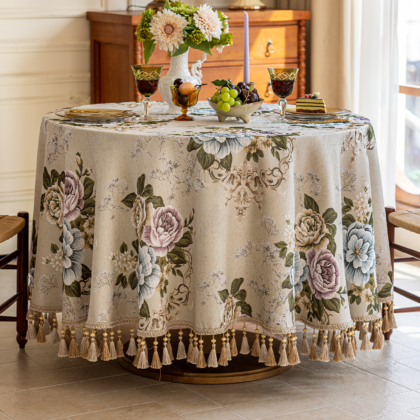 乐唯仕欧式大圆桌桌布2025新款轻奢高级感小圆形茶几台布客厅家用餐桌布 莫利斯花园-米(吊穗款) 220cm直径适合直径160-180cm圆桌 京东折扣/优惠券