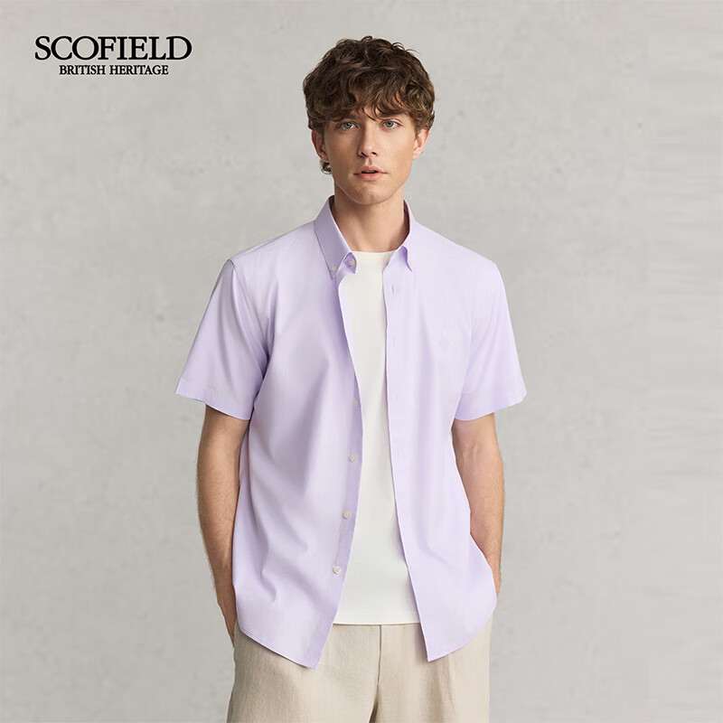 Scofield男士25年夏季新款纯棉商务休闲短袖时尚百搭通勤纯色衬衫 浅紫色 常规 L (175)