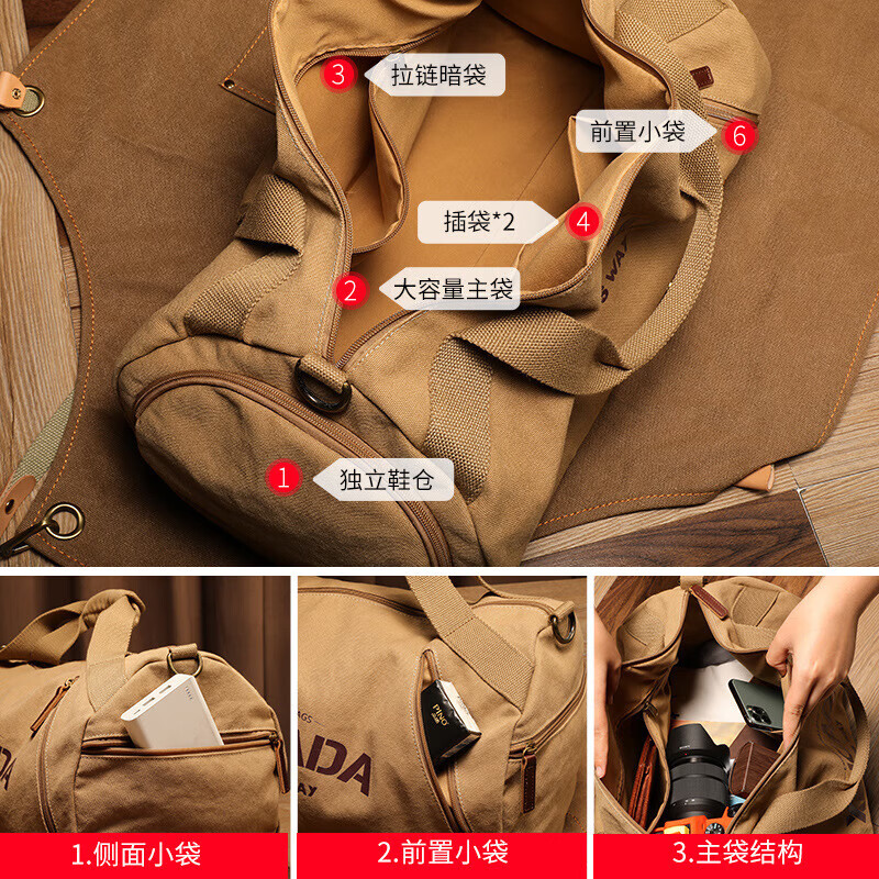 PWVXYM大容量帆布包旅行单肩男斜挎包训练健身运动包简约手提行李包 卡其色 17寸