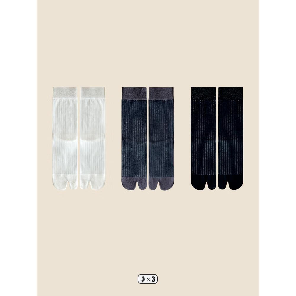 恬夏分趾二指袜子女中筒袜春夏季超薄竖纹大拇指黑白灰色玻璃丝堆堆袜