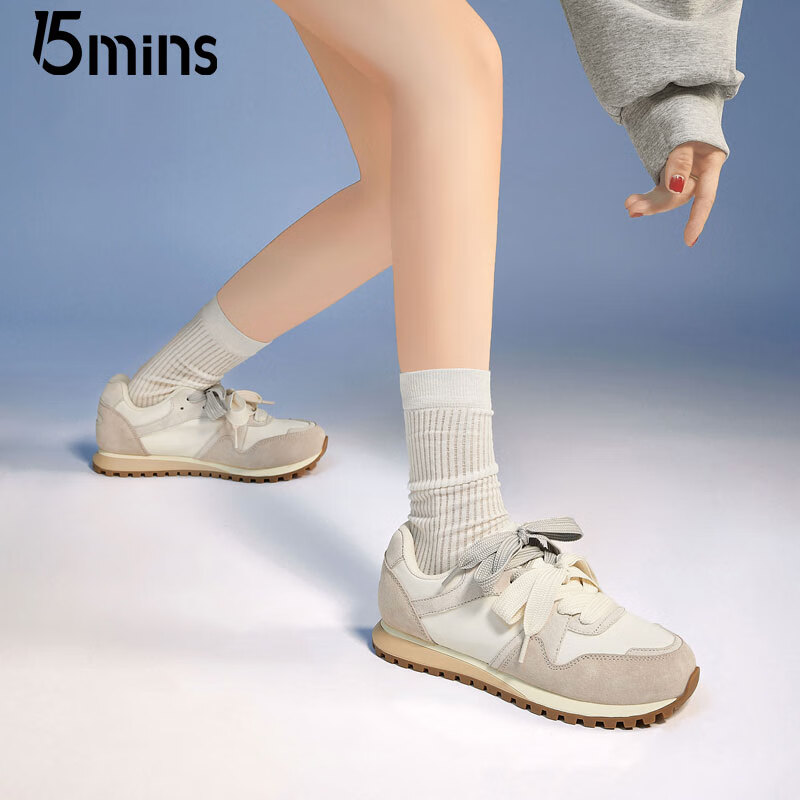 15MINS厚底阿甘鞋女2025秋季新款时尚运动女鞋舒适百搭软底休闲鞋子女 米灰色 37