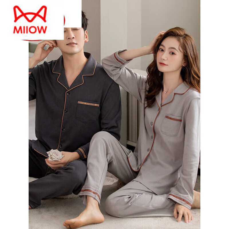 猫人(MiiOW)纯棉情侣睡衣男士春秋季长袖家居服可外穿纯色大码薄款套装 NJR-A34629 M 女款: