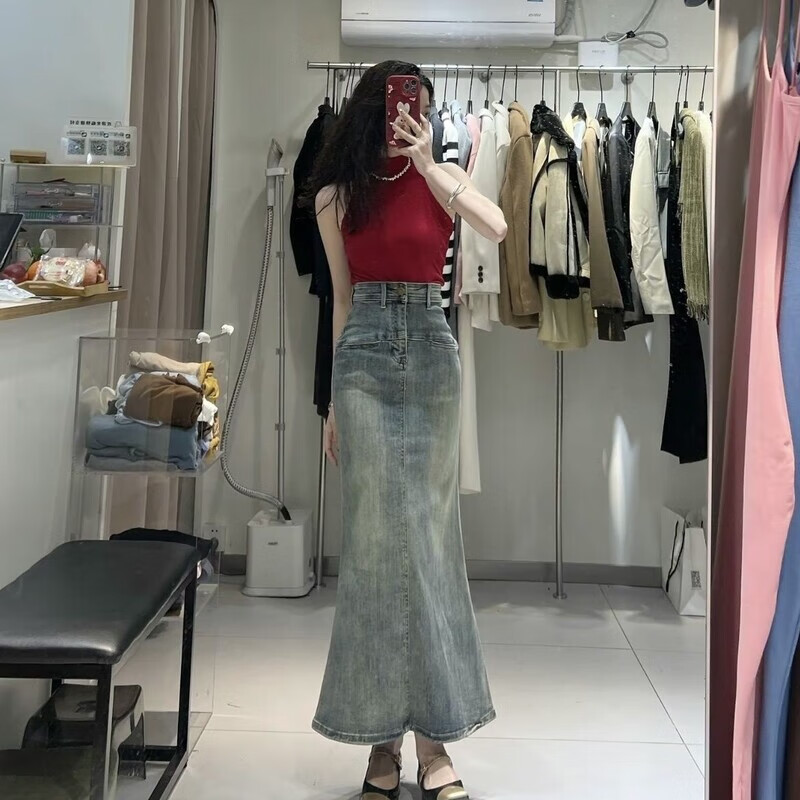 妃施宣牛仔鱼尾裙半身裙女春夏2025新款中长裙子设计感小众a字包臀辣妹 复古蓝 S