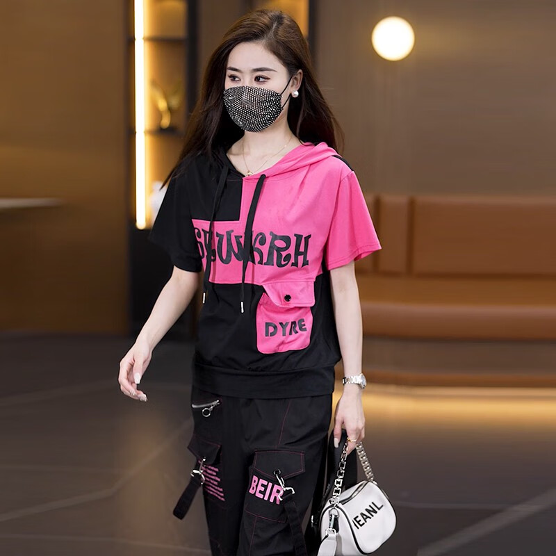 酷章（KUZHANG）歐美胖mm大碼女裝連帽短袖哈倫褲兩件套潮流微胖女孩穿搭顯瘦套裝 圖片色 高端面料 20 L建議95-1斤