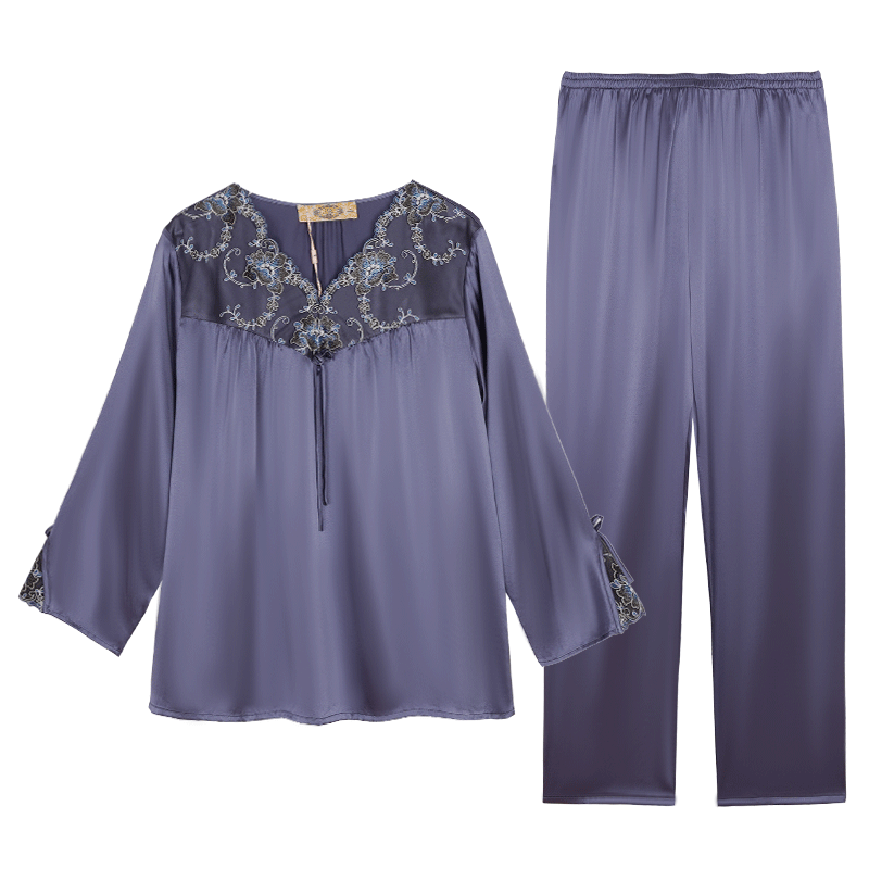 美标春秋季女士重磅真丝九分袖睡衣套装桑蚕丝丝绸家居服 芜菁甘蓝 XL