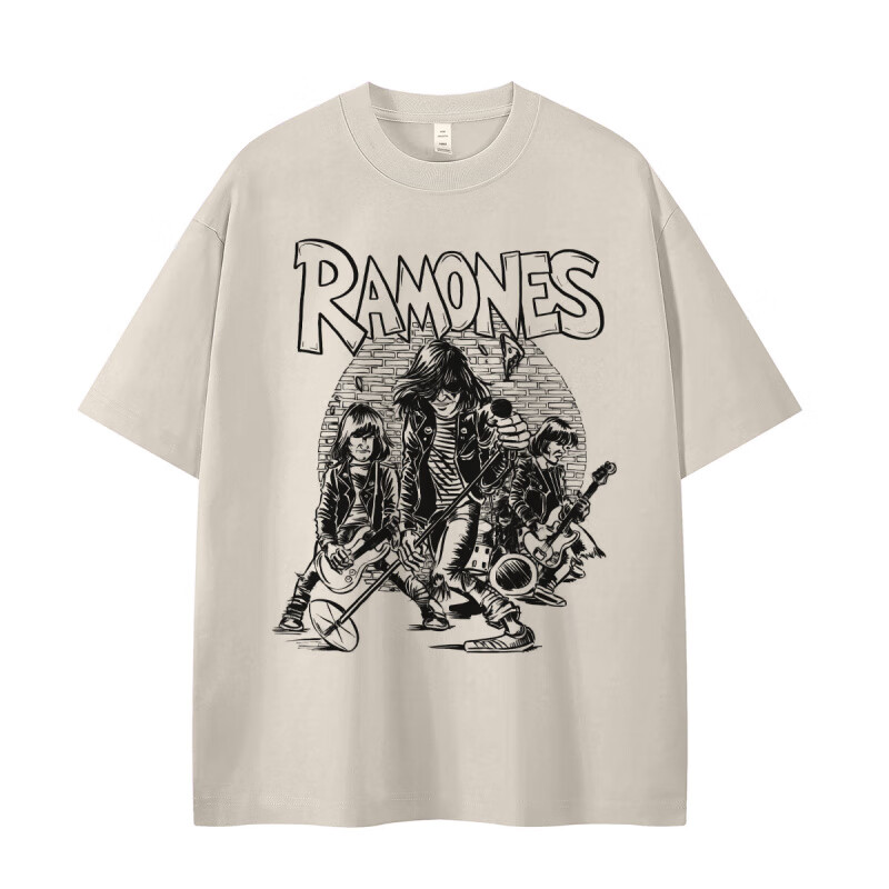 皇古迪Ramones雷蒙斯乐队复古人像小众设计稿美式街头朋克摇滚短袖T恤衫 卡其色 S
