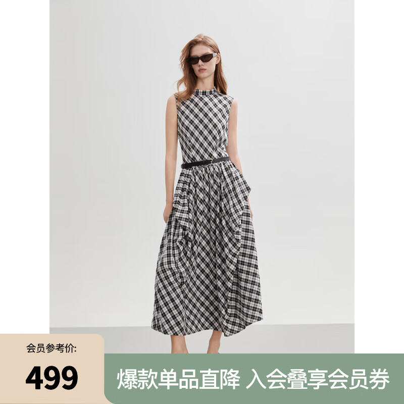 ELLE法式洋氣黑白格紋設(shè)計感無袖連衣裙女2025夏季新款優(yōu)雅長裙 黑白 L