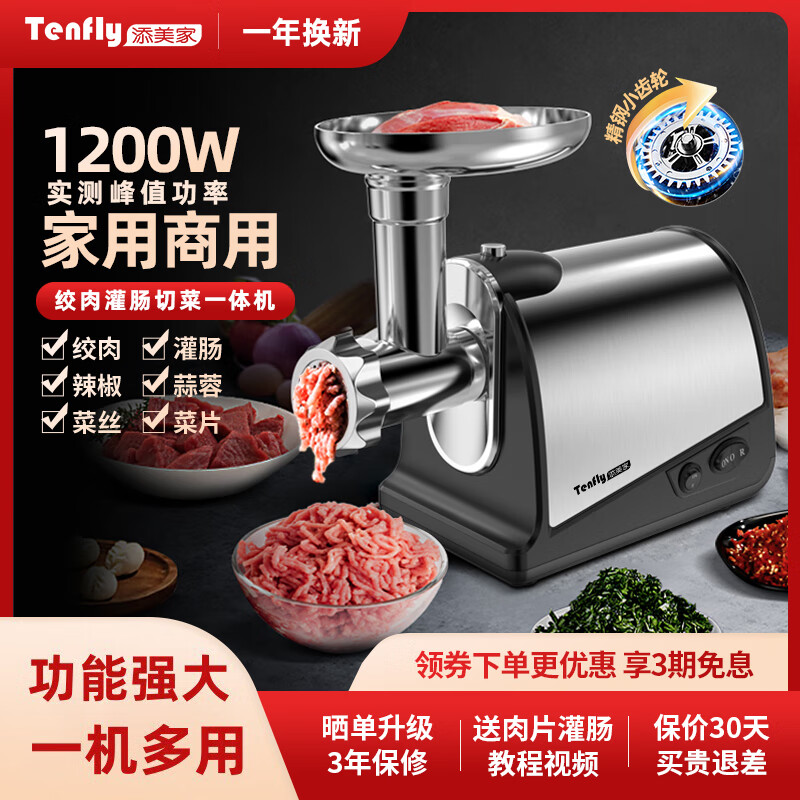 Tenfly绞肉机家用电动灌肠机电磁搅拌多功能碎肉绞蒜泥绞肉神器厨房料理机商用辣椒蒜蓉机出口转内销 家用小型商用进阶款450W+升级切菜器 4L
