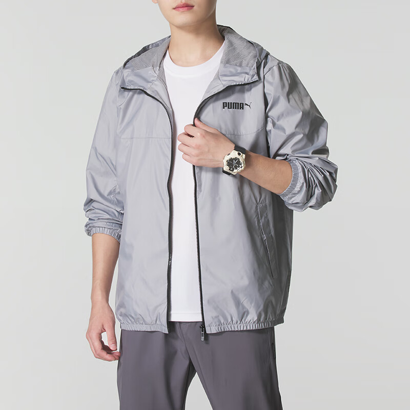 彪马（PUMA）外套男夏季薄款上衣男装运动服宽松连帽梭织夹克男 693713-63/内里网衬/灰色 XS