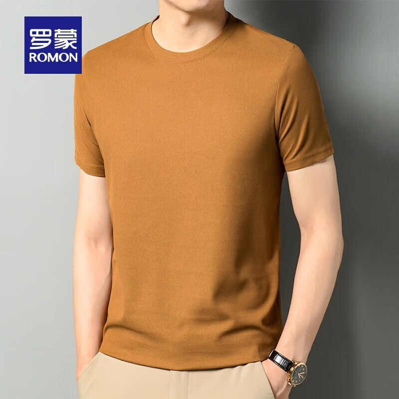 罗蒙（ROMON）华夫格短袖t恤男圆领夏季新款中青年时尚休闲T恤衫父亲节礼物 黑色 2XL 180 (适合140-160斤)