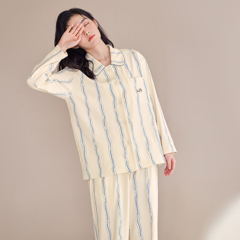 静韵【超柔软】纯棉睡衣女款春秋季长袖条纹情侣家居服休闲套装男 女款-落雪 S