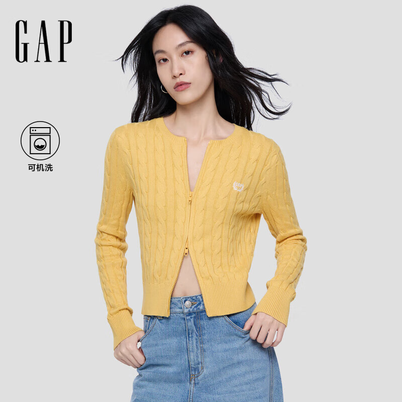 GAP女装2025秋季新款复古刺绣logo绞花修身针织开衫上衣829626 黄色 S (160/84A) 亚洲尺码
