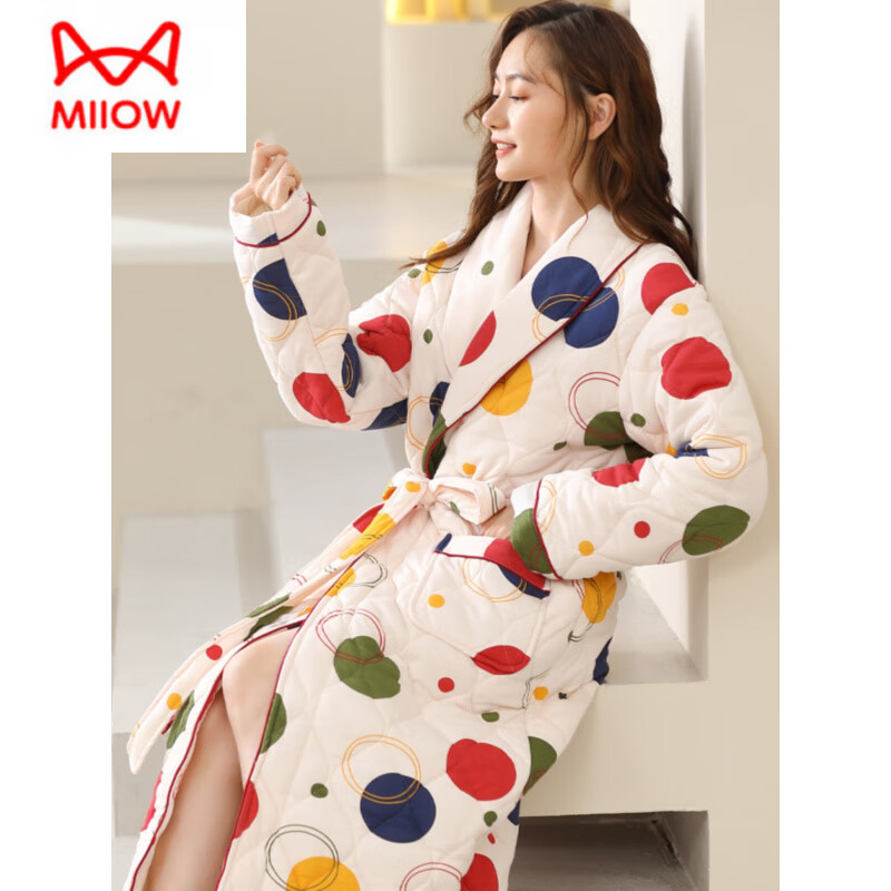 猫人（MiiOW）纯棉睡袍女士加厚连体睡衣秋冬季保暖浴袍中年妈妈三层夹棉家居服 SP001 L 建议110-120斤
