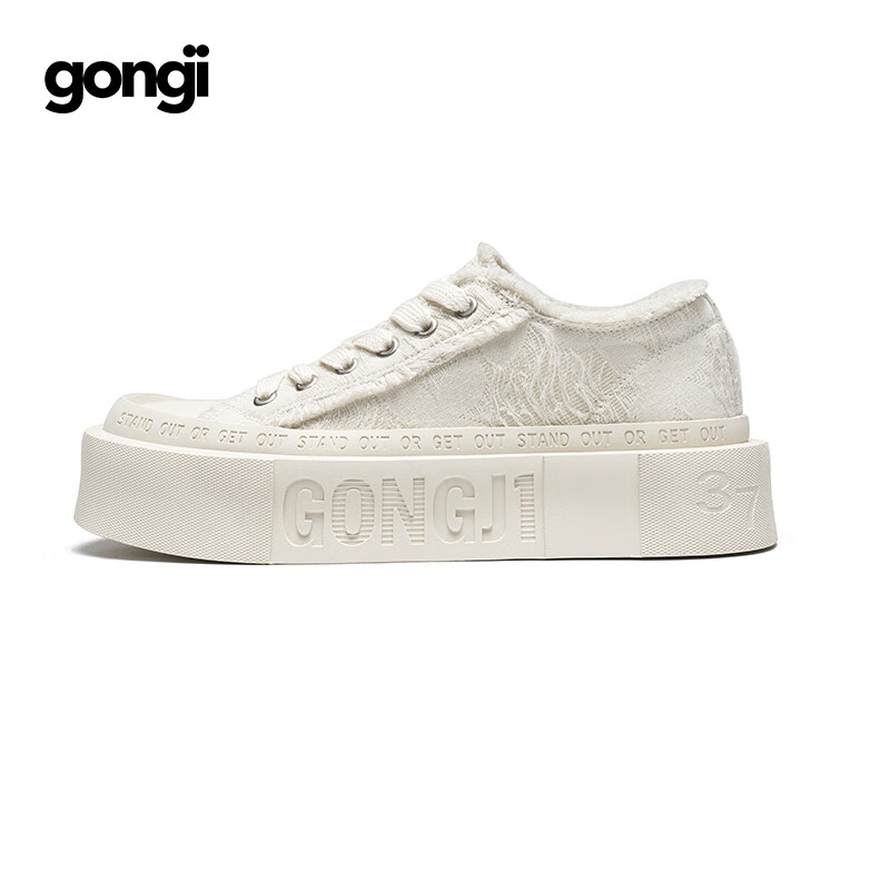 共迹gongji【于文文同款】25秋季新款女鞋方头帆布鞋厚底增高小白鞋休闲板鞋 象牙白 /偏大一码 35 （228mm）