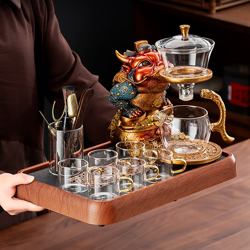 正扬玻璃自动茶具套装懒人泡茶器全套家用高档整套磁吸防烫透明商务礼 自动（招财金蟾）主机+六色把杯