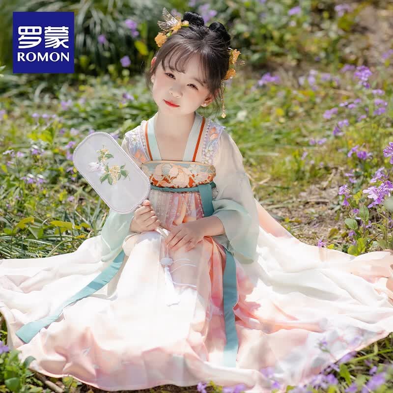 罗蒙女童汉服夏季款2026款儿童中国风原创齐胸襦裙唐装毕业演出服 HQ1189 菊粉襦裙 130