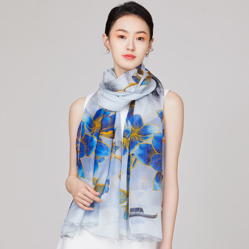 吳蠶里(WUCANLI)絲巾女桑蠶絲蘇州絲綢春夏秋時尚洋氣新款紗巾薄款披肩防曬 青川-藍色
