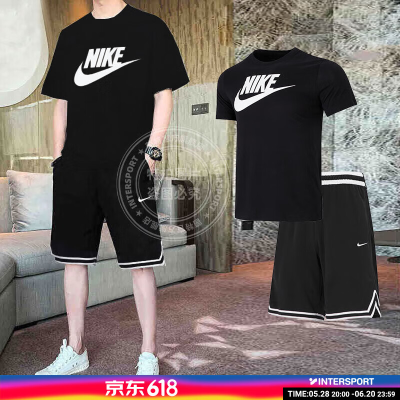 耐克（NIKE）运动套装男 25春季新款棉质快干透气短袖T恤 宽松休闲五分裤短裤 AR5005-010+DH7161-010/2件套 L(175)