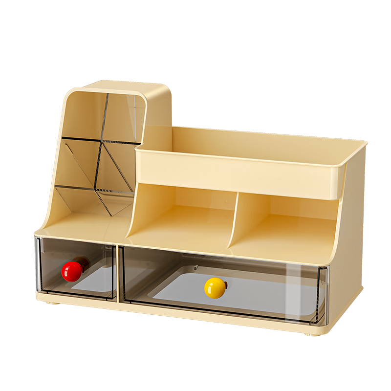 KAMAN桌面收納盒辦公室雜物整理盒抽屜式文具大容量多功能斜插式筆筒 多功能文具盒【奶油】1個(gè)