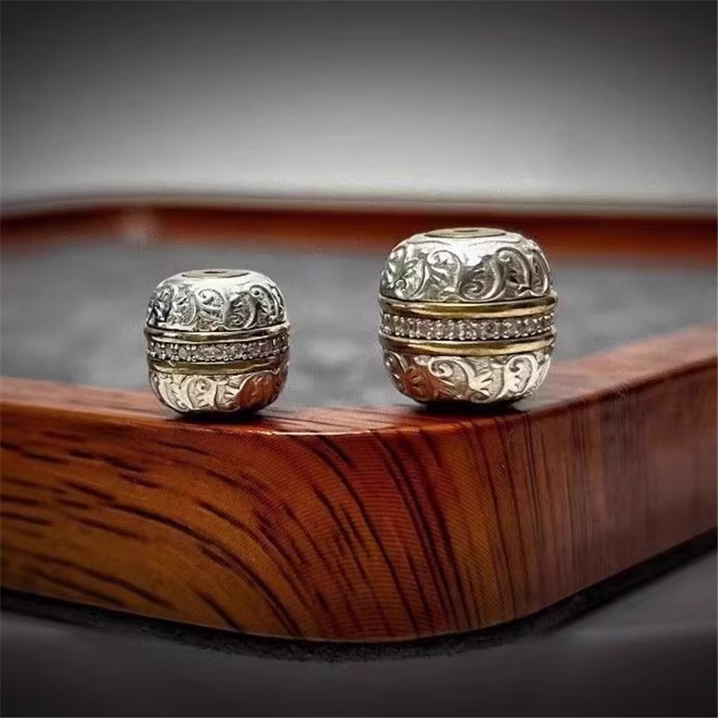 925银手工篆刻镶嵌唐草汉堡珠祥云珠隔珠腰珠顶珠文玩散珠diy配饰 大号单颗12mm