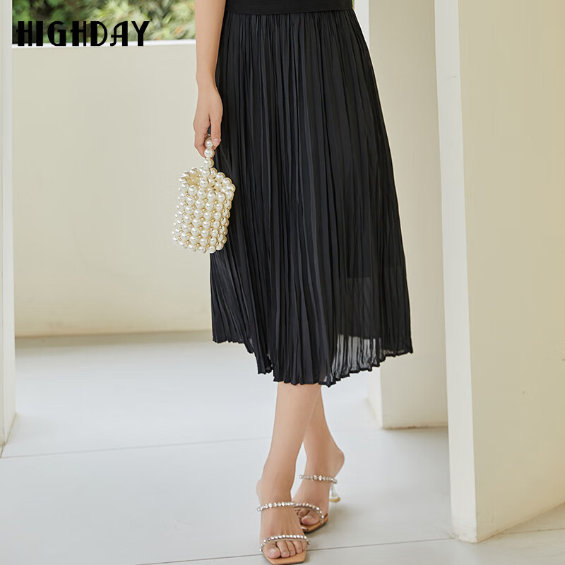 25夏季新款高腰黑色百褶裙女中长半身裙女 黑色 s