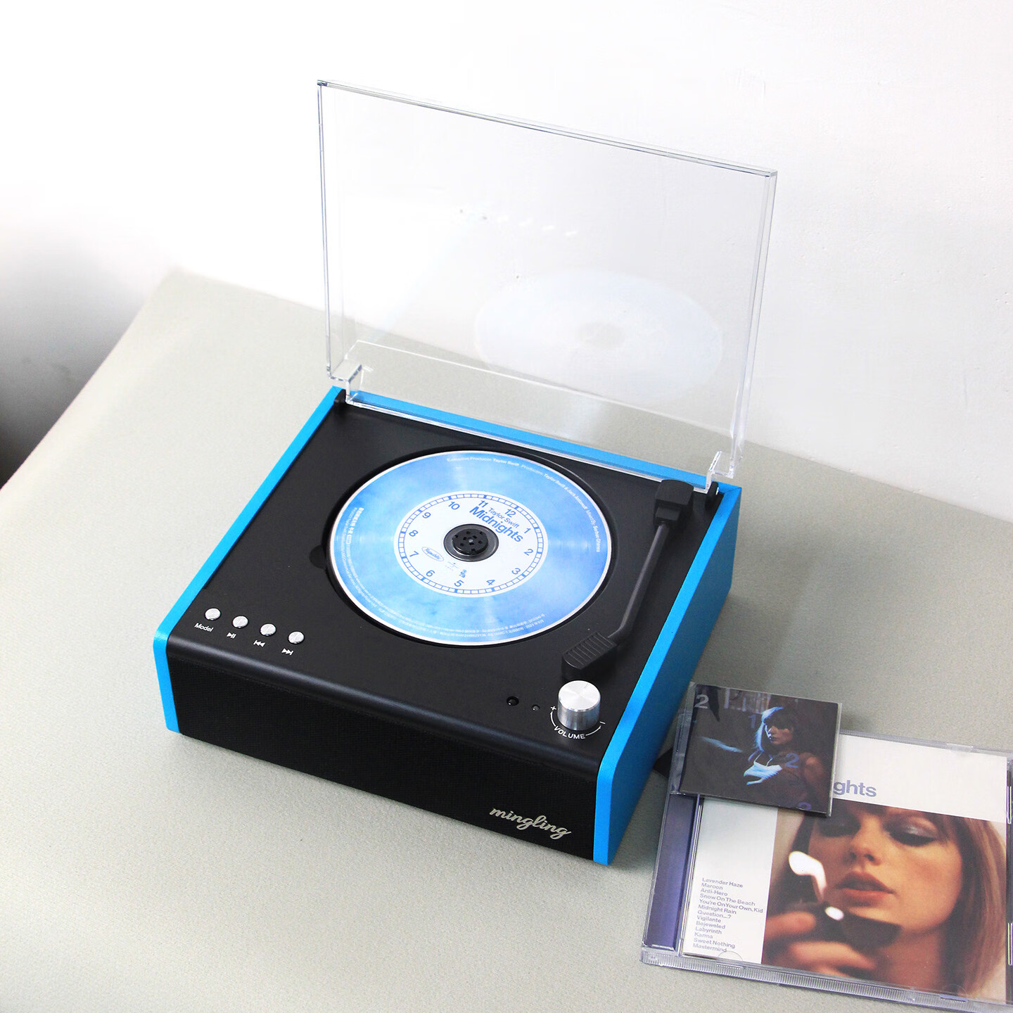 名伶M300黑胶复古CD机播放机听专辑蓝牙播放多功能桌面音箱生日礼物精致摆设 湖水蓝