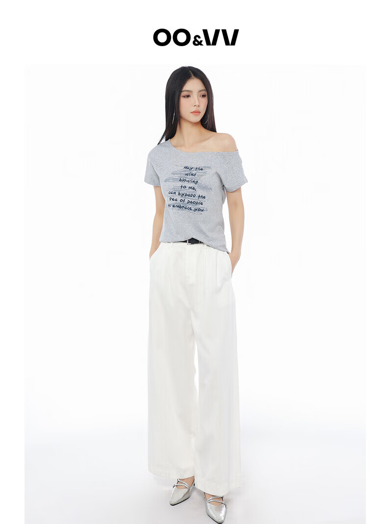 OO&VV灰色一字肩短袖T恤女2025夏新宽松休闲设计感纯色百搭上衣 莫奈灰 S